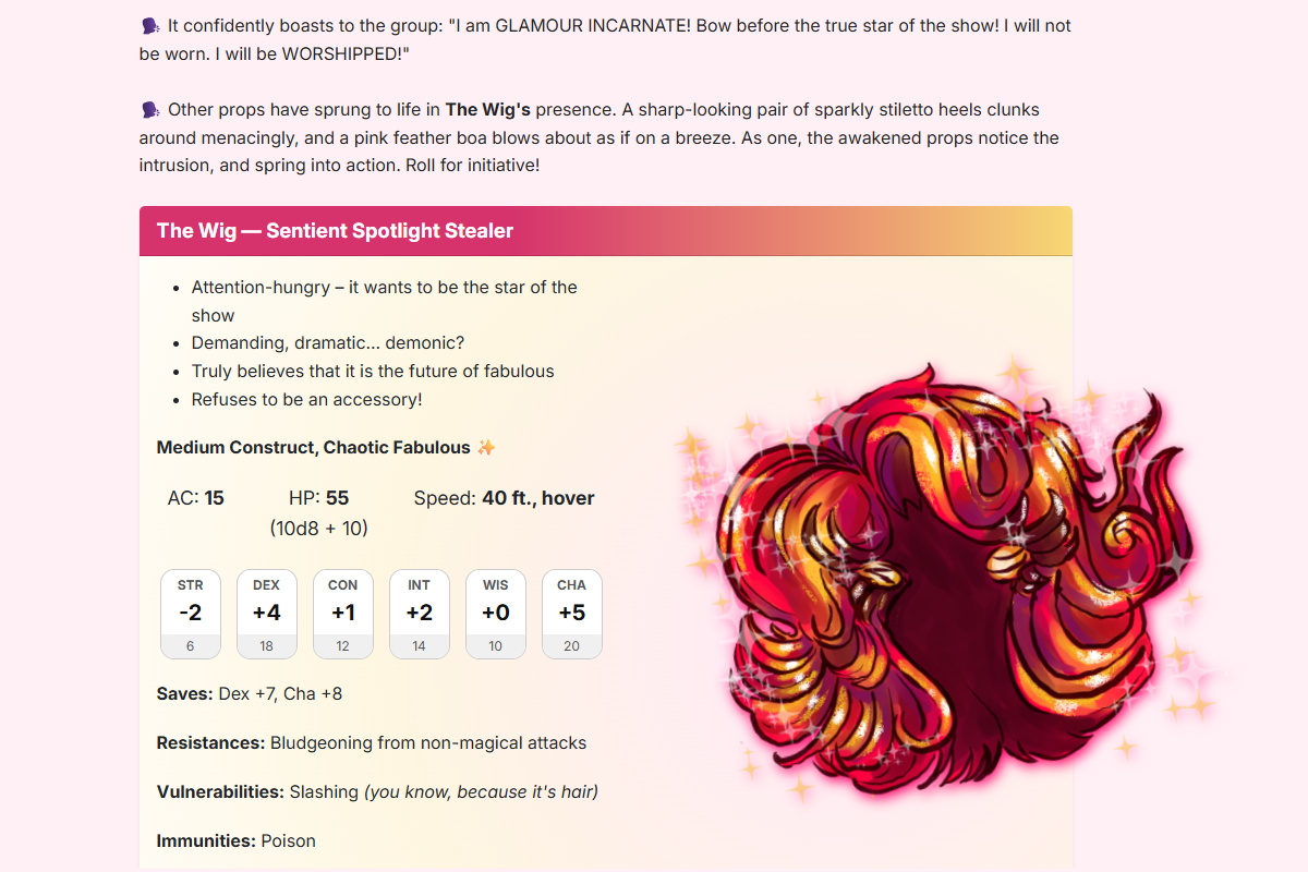 Digital stat block for the vilain of Snatched! (an enchanted wig)