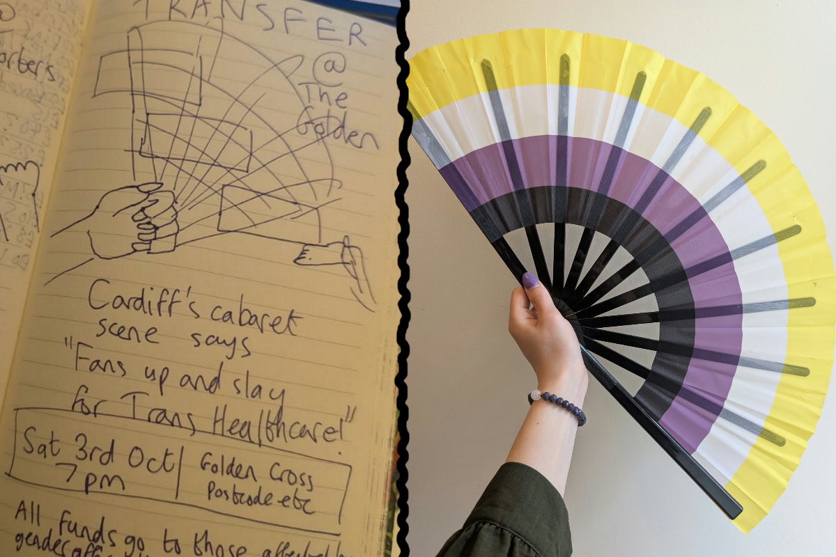 Notebook sketch for poster, and a reference photo I took with a fan